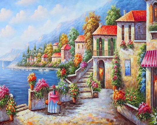 Beach side Floral Houses Paint by Numbers