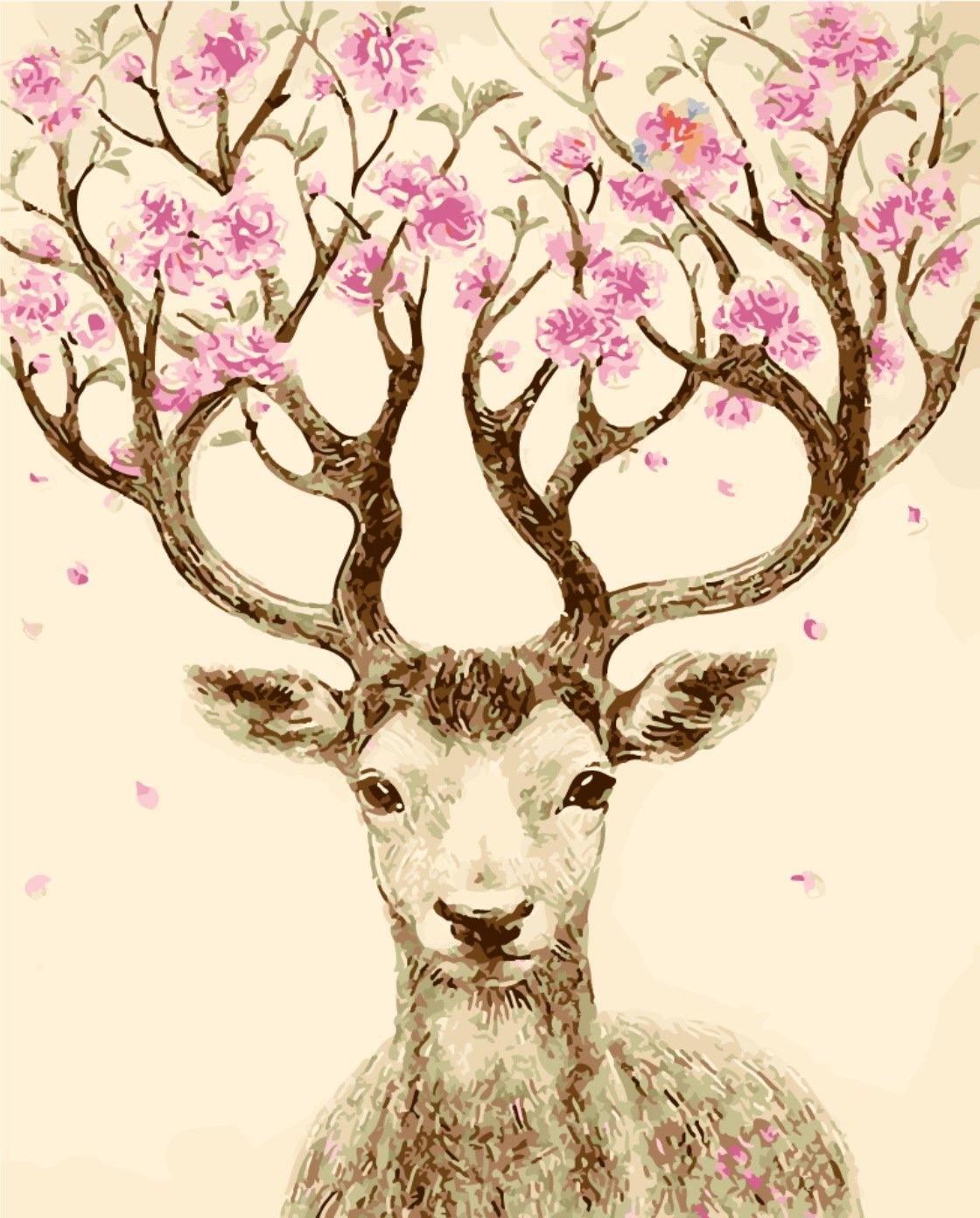 Deer Antlers Floral Tree Paint by Numbers