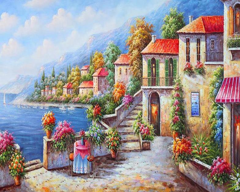 Beach side Floral Houses Paint by Numbers