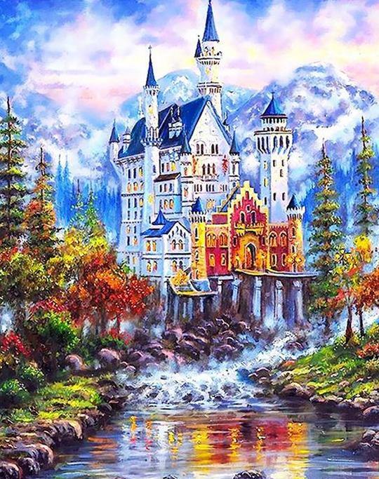 pchmcu Painting by Numbers Kit for Adults ，DIY Large Size Castle Paint by  Numbers for Beginner，Gifts Arts Crafts for Home Decor Lake Boat 16x23.6 Inch