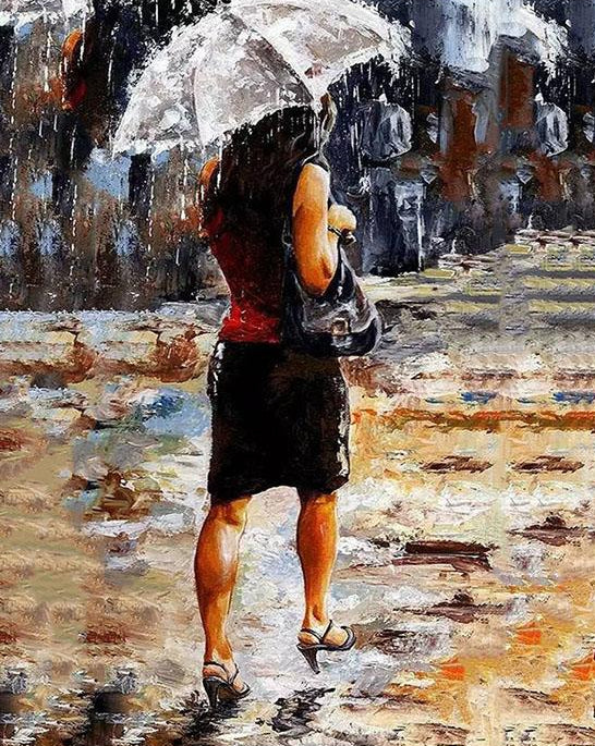 Lady on Rainy Street Paint by Numbers