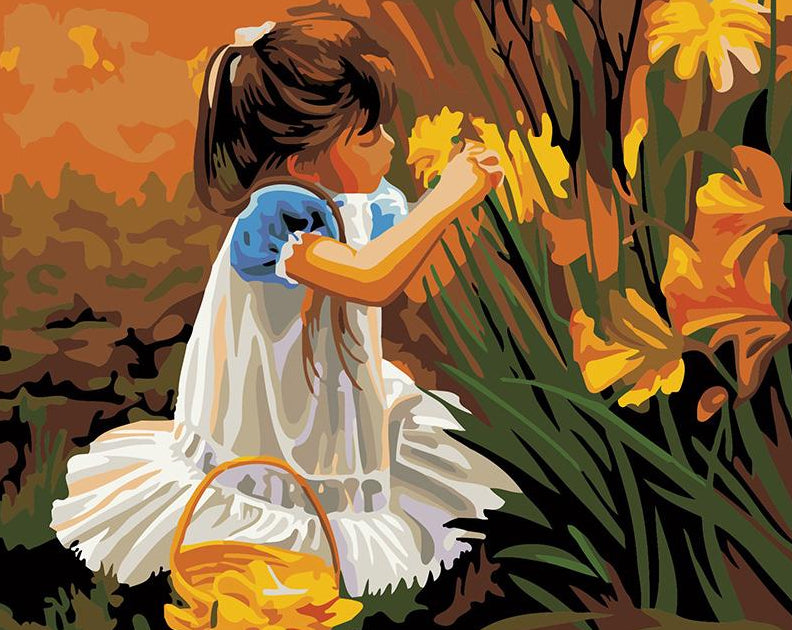 Girl Plucking Flowers Paint by Numbers