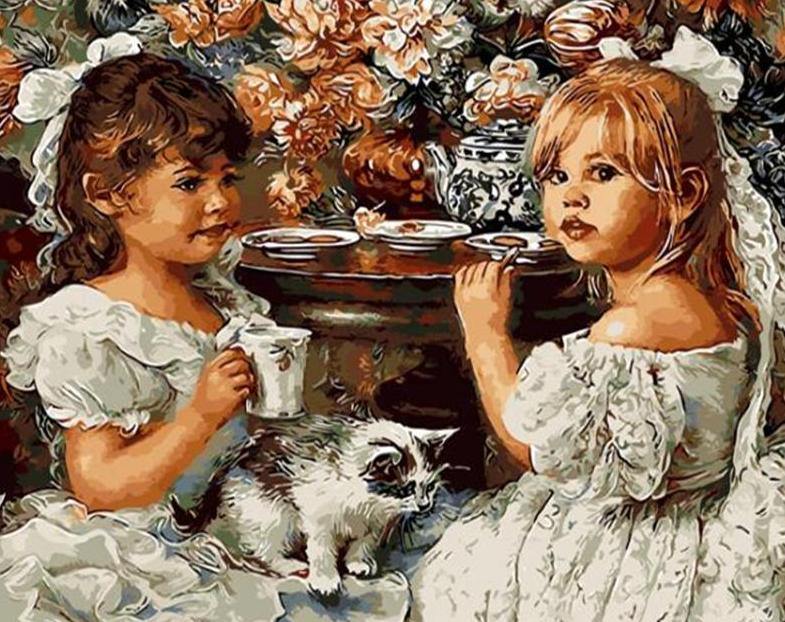 Little Girls & Kitten Painting by Numbers